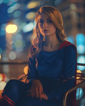 blonde supergirl live action DC movie super girl composition costume Supergirl kara zorel, sitting on a chair, background bokeh city Korean drama TV show 50mm f12 L