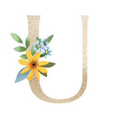 Letter U, gold floral monogram with watercolor flowers and leaf. Golden letterhead, initial perfectly for logo, wedding invitation, greeting card, poster . Holiday digital design hand drawing.