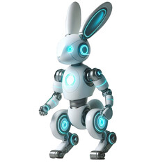 A robot rabbit with blue eyes and a blue face