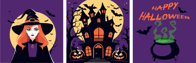 A set of open Halloween posters with a witch, pumpkins, a potion and a castle