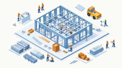 A group of construction workers are working on a building
