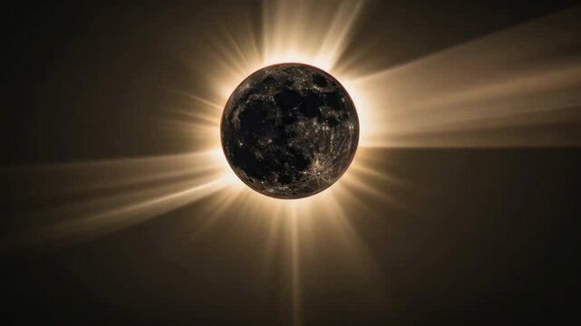 View of total solar eclipse, moon completely covering sun. Corona shines brightly around, stunning halo effect. Beauty, rarity celestial event. Dark sky contrasts light. Wonder, majestic power nature.