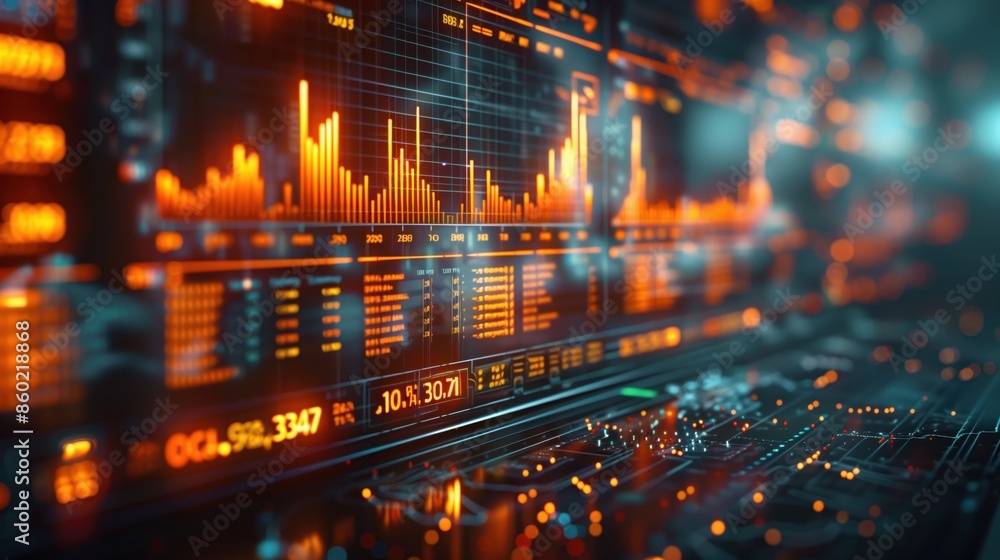 Aufkleber financial data on digital display. digital display showing financial data and graphs with glowing or