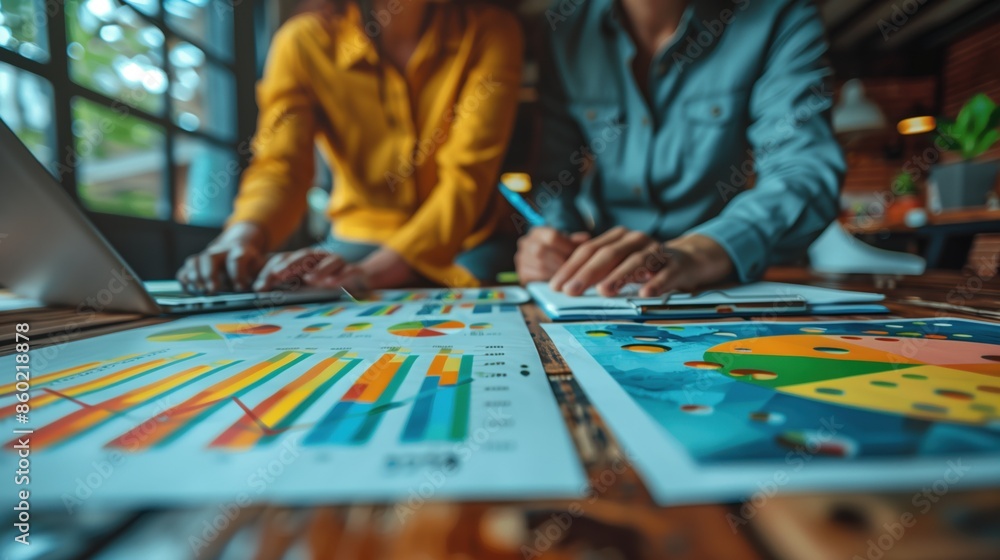 Poster analyzing business charts and data. two professionals analyze colorful business charts and graphs, w