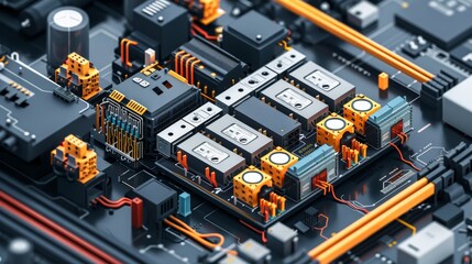 A computer board with many small yellow boxes on it