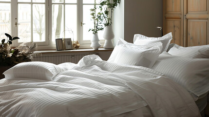 white pillows on a bed in a modern bedroom, interior design