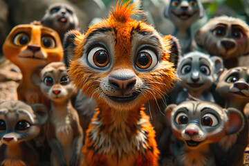 Obraz premium A group of adorable, wide-eyed, animated meerkats with expressive faces gather closely together, with one prominent orange-furred meerkat in the center, capturing attention