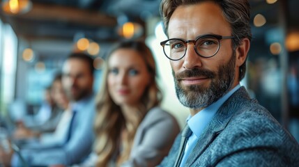 Fototapeta premium Confident Businessman in Modern Office. Confident businessman with glasses smiles in a modern office, with blurred colleagues in the background working.
