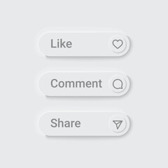 Social media like, comment and share button in neumorphic design style