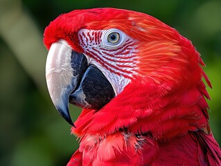 Fototapeta premium Close-Up of Scarlet Macaw with Vibrant Red Feathers and Green Background 