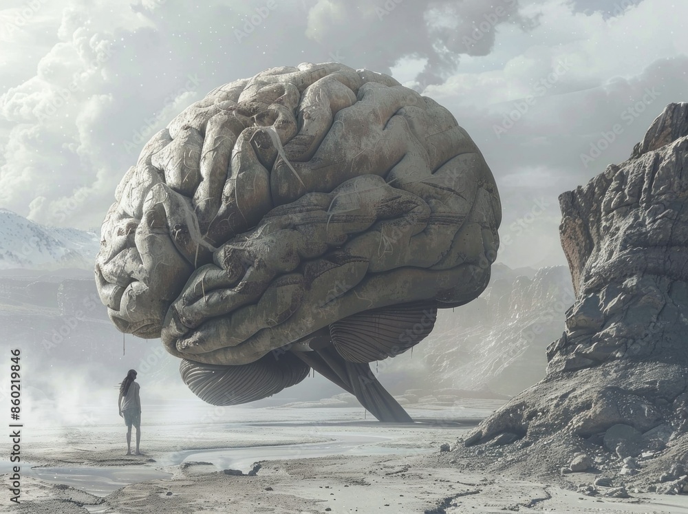Poster exploring the power of the mind person standing in front of large brain in desert with mountains bac