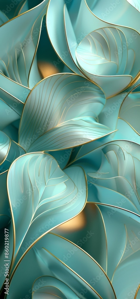 Poster abstract teal and gold leaf pattern background with 3d effect