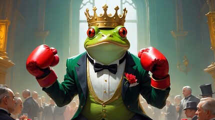In an opulent setting, a frog wearing a crown and red boxing gloves, dressed in a green tuxedo, portrays a humorous yet regal aura of power and readiness.