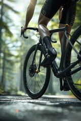 Naklejka premium Scenic Forest Road Cycling A Bicyclist's Journey Through Serene Woodland Paths for Nature Lovers and Fitness Enthusiasts Embrace the Beauty and Challenge of Outdoor Biking Adventures