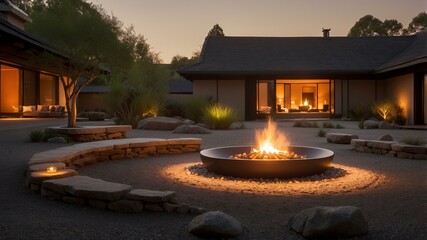 A tranquil outdoor courtyard with a circular fire pit at dusk, surrounded by stone seating, plants, and illuminated by the warm golden light of the fire.