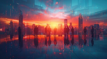 Business Professionals Overlooking Digital Cityscape. Business professionals silhouetted against a vibrant digital cityscape with data overlays, symbolizing the future of business and technology.