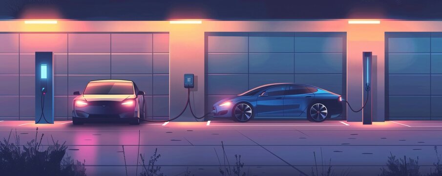 Two Electric Cars Charging at Night - Powered by Adobe