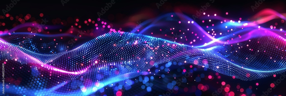 Poster 3d neon lines and dots in dark purple and blue, symbolizing digital binary data