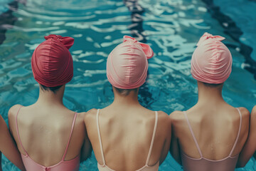 Three Women Wearing Swim Caps Facing Pool Water, Practicing at Indoor Swimming Pool, Teamwork and Synchronization Concept, Back View, Focus on Women's Bathing Suits and Swimming Styles