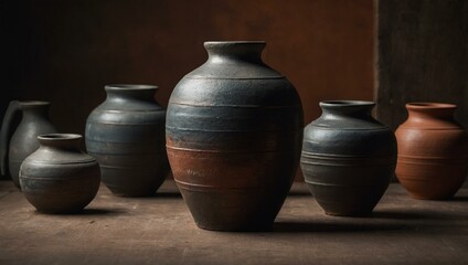 A diverse set of ceramic pots with different shapes and sizes is arranged, highlighting the variety and uniqueness in traditional handmade pottery.