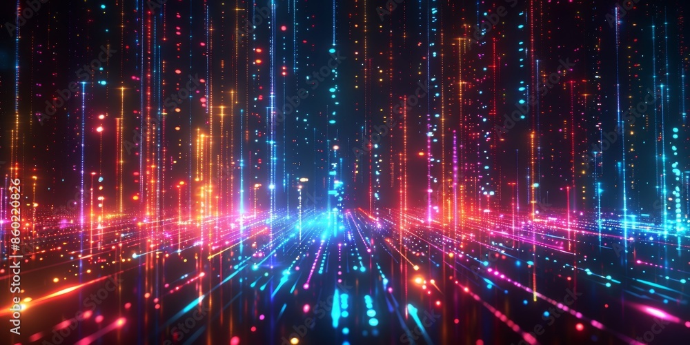Poster sharp focus uhd 4k animation depicting a futuristic cityscape with dynamic neon light patterns