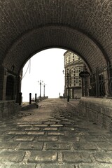 3D illustration of a Victorian Steampunk scene featuring an arched stone tunnel leading to a cobbled street with vintage lampposts and buildings.