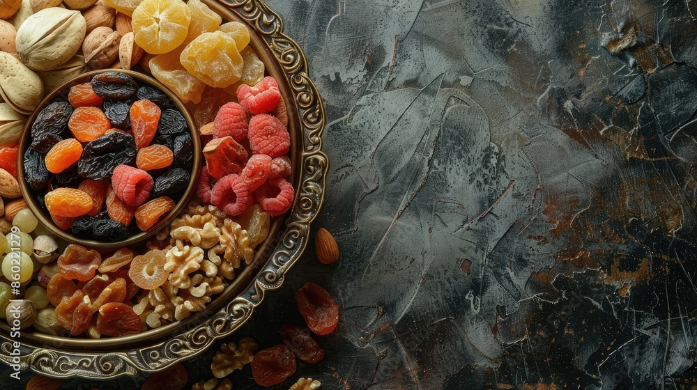 Aufkleber arrangement of assorted dried fruits and nuts in a container on a table with room for writing