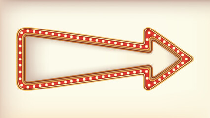 Retro advertising arrow sign red marquee gold light board on white background. Vector illustration