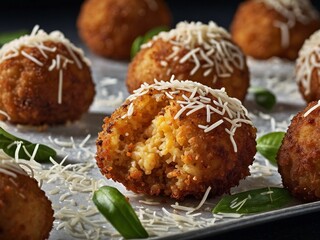 Crispy Delicious Arancini, deep fried Sicilian balls of rice. Meat sauce and mozzarella cheese filling