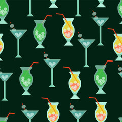 Seamless pattern cocktails with ice in glass goblets with straws on dark green background - vector flat illustration for packaging, web design, textiles