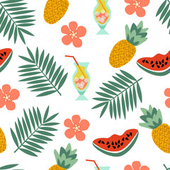Seamless pattern beach desserts fruit cocktails, pineapples and watermelon slices with palm branches and tropical flowers on white background - vector flat illustration 