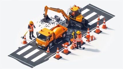 Fototapeta premium A group of construction workers are laying down orange and white cones on a road