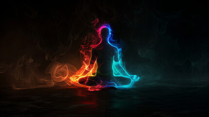 Spiritual glowing neon blue and orange person meditating in black space. Yoga and chakras cosmos concept