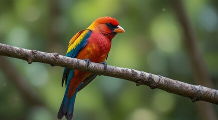 Vibrant colorful tropical bird with red, orange, yellow, and blue plumage perched on a brown tree branch in a lush green natural environment, showcasing exotic wildlife.
