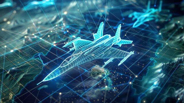 Digital Wireframe Jet Fighter Flying Over Terrain Map