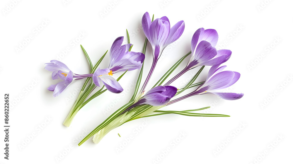 Poster Crocus spring flowers Lilac crocuses on stem with leaves creative layout isolated on white background Springtime themes Top view flat lay Design element : Generative AI