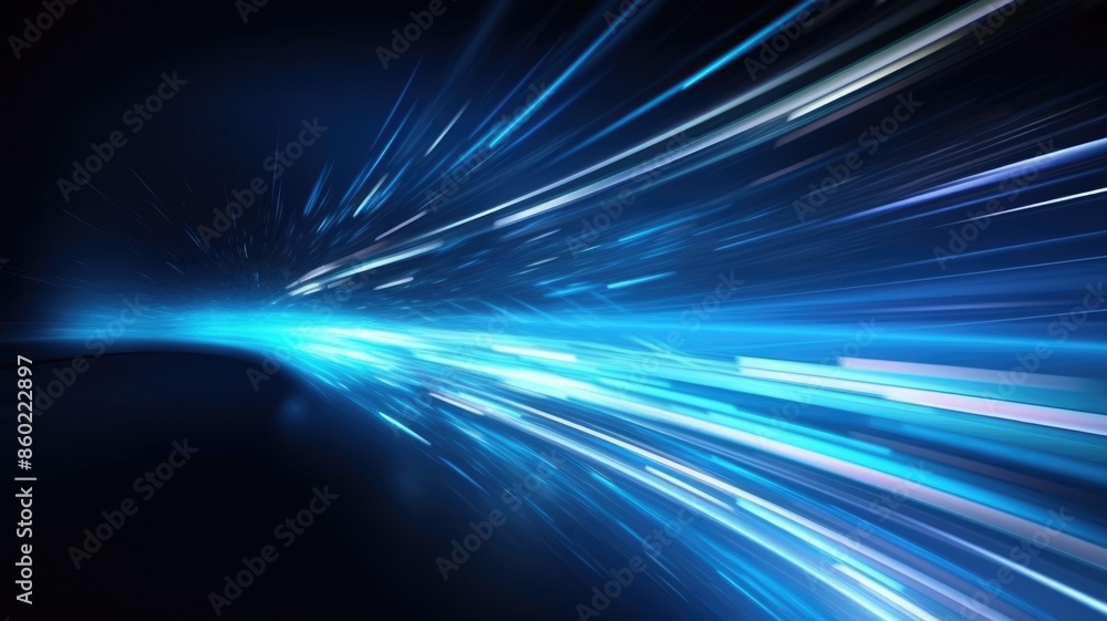 Poster blue laser beam effect dash with high-speed shine and emit colorful light on dark black background c