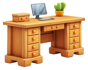 Wooden desk with computer and cactus in pot. Ideal for office, home workspace, and study decor.