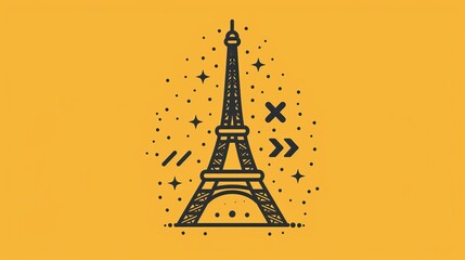 A cartoon drawing of the Eiffel Tower with a yellow background