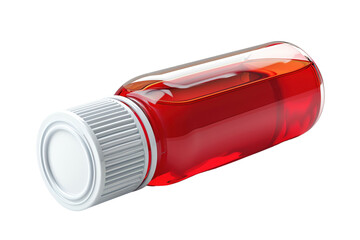 Close-up image of a small red plastic bottle with a white cap isolated on a white background, perfect for healthcare or product use.