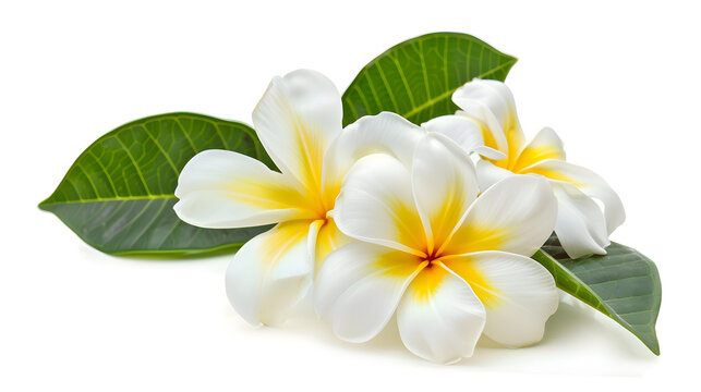 Frangipani flowers with leaves isolated on white : Generative AI