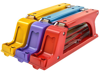 Colorful kitchen utensil for slicing vegetables. Includes yellow, purple, blue, and red sections. Efficient and handy tool for cooking.