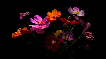 Cosmos are annual flowers with colorful daisylike flowers symbolizing simplicity joy beauty order harmony and balance amidst slender stems : Generative AI