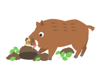 イノシシが畑や公園の土を掘り返して荒らす様子