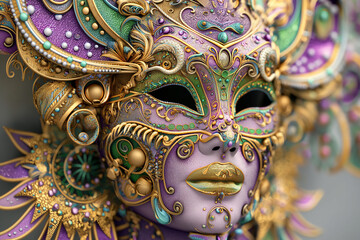 Fototapeta premium city carnival mask, An elaborate mask designed in gold, purple, and green, created with Generative AI, embodies the essence of the Mardi Gras celebration in New Orleans