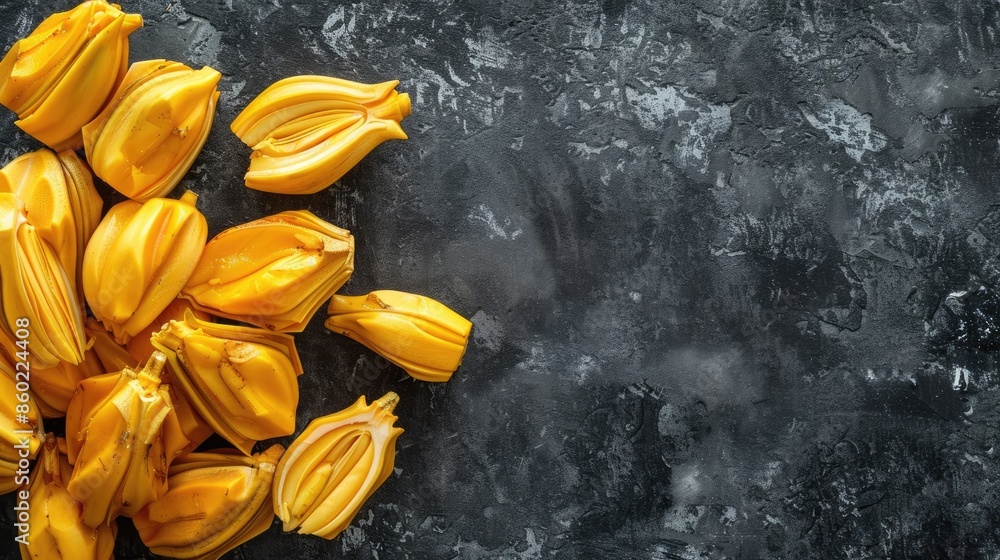 Poster Flat lay of fresh jackfruit seeds on grey surface with room for text