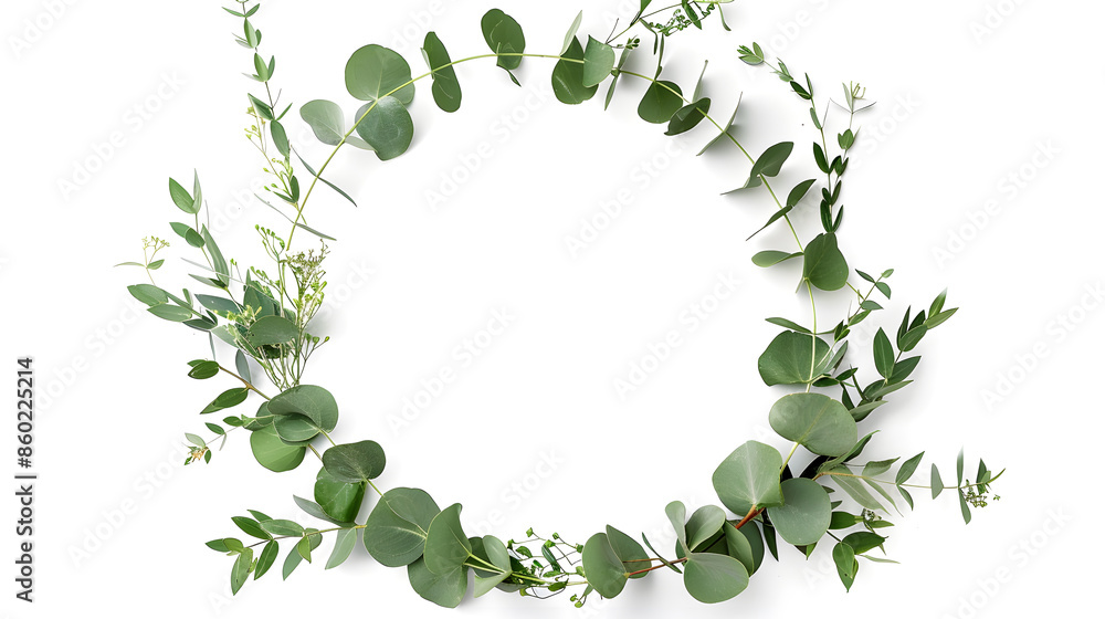 Poster Round frame with branches eucalyptus and leaves isolated on white background lay flat top view : Generative AI