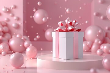 Pink Gift Box on a Pedestal with a Festive Background