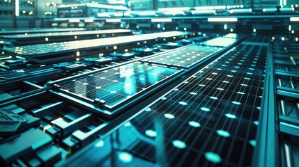 Aerial view of a modern industrial complex equipped with solar panels, showcasing renewable energy and sustainability in a green environment