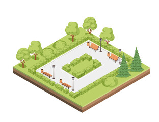Isometric city park landscape design concept vector illustration isolated on white background